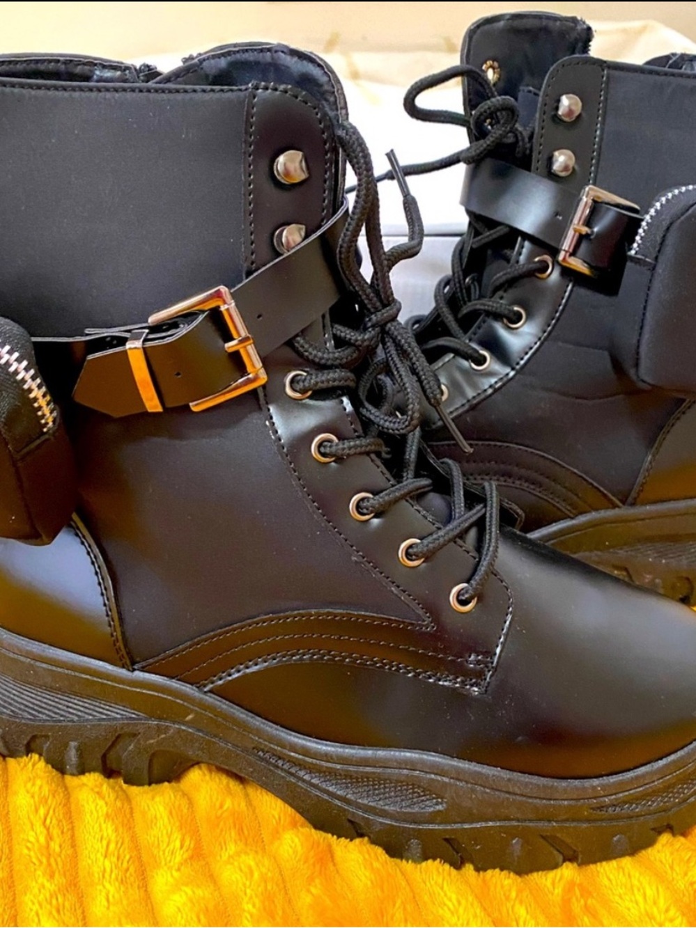 Women’s Black Lace-Up Combat Boots with Buckle Detail